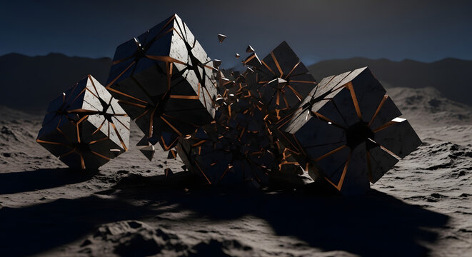 Mysterious dark geometric structures fracturing and radiating vibrant orange energy across a desolate, extraterrestrial landscape under a dim, foreboding sky