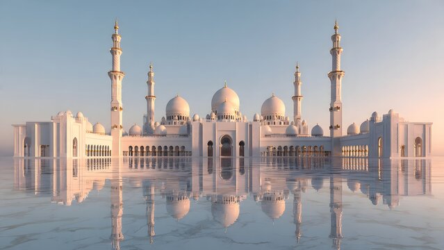 Grand White Mosque with Mirror Reflection at Sunrise &ndash; Majestic Islamic Architecture Panorama