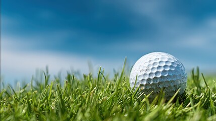 White Golf Ball on Green Grass Close Up with a Blurred Sky Background on a Sunny Day Outdoor Sports Activity Under Bright Lighting