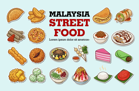 Large set of traditional Malaysian street food and kuih vector illustration including nasi lemak, satay, cendol, rojak and various snacks