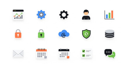 Collection of modern flat design icons for business and technology.