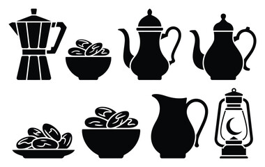 Collection of Islamic and Coffee-Related Icons: Dates, Teapots, and Lantern