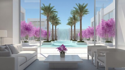 Bright White Interior with Pool and Blossoming Trees View through Large Windows Minimalist Furniture and Serene Ambiance in Architectural Visualization