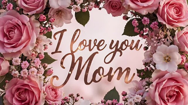 Heart-Shaped Floral Wreath with Pink Roses and an "I Love You Mom" Message in a Soft Garden Setting