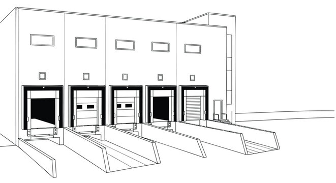 Vector illustration of a warehouse building with multiple loading docks and ramps