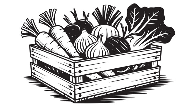 Fresh vegetables in wooden crate with black and white illustration style for organic produce