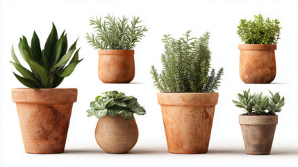 Fototapeta premium Collection of various indoor plants in terracotta pots isolated on white background, minimalist home gardening and botanical decoration concept