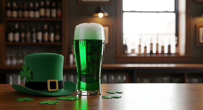 St patrick's day celebration with green beer and leprechaun hat