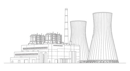 Naklejka premium Vector illustration of a nuclear power plant with cooling towers and industrial buildings in a line drawing style isolated on transparent background