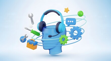 3D robot head with tech icons showing innovation and emotion in blue