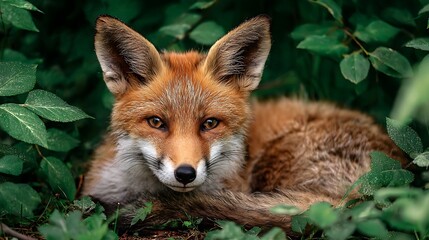 Fototapeta premium Close-up portrait of a red fox resting in lush green foliage a wild animal in its natural habitat perfect for nature and wildlife themes
