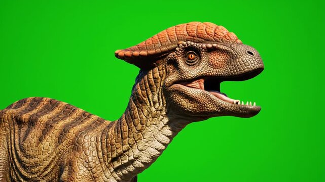 A close-up video dinosaurs shot of a prehistoric Parasaurolophus dinosaur head with sharp teeth and textured brown skin
