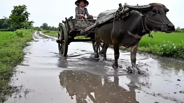 Asian farmer in conical hat riding water buffalo cart through deep mud on rural path between green rice paddies