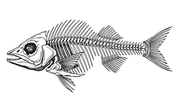 fish skeleton with head fins and spine in a detailed scientific line art style.