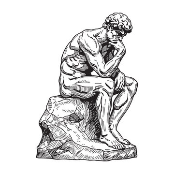 Classic bronze sculpture of a man in deep thought sitting on a rock vintage hand-drawn engraving style.