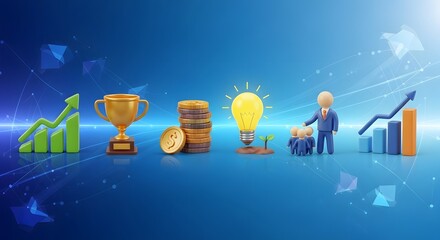Business success growth concept with trophy coins lightbulb solar energy