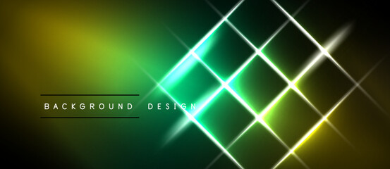 Obraz premium Abstract geometric pattern. Bright neon lines form squares, gradients transition from yellow to green. Modern design element.