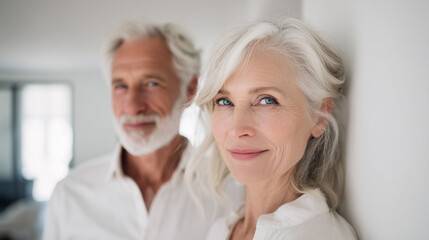 Obraz premium Happy smiling senior couple posing together indoors, retirement lifestyle and healthy aging concept