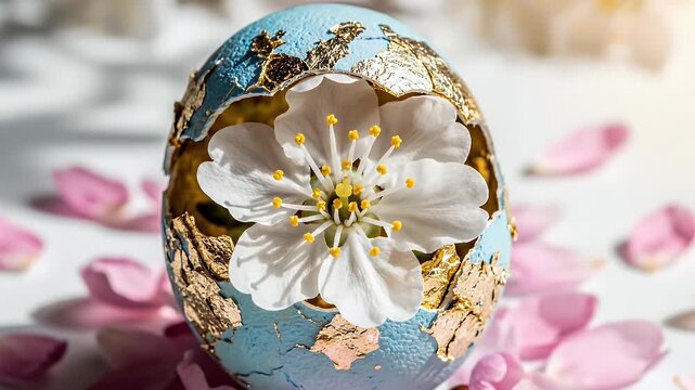 Luxurious Blue Decorative Easter Egg with White Flower, Gold Foil Details, and Pink Petals