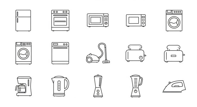 Collection of hand-drawn kitchen appliance icons in a grid layout.