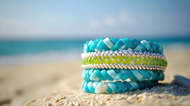 A vibrant stack of recycled plastic ocean bracelets with beaded accents resting on a sandy beach with the blue ocean shimmering.