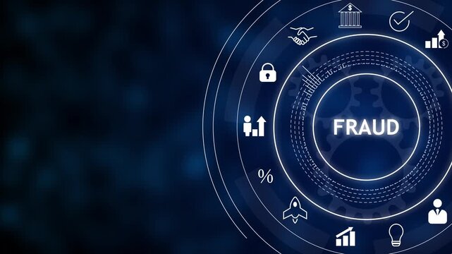 Digital fraud concept interface on dark blue background with circular HUD, icons for security, banking, analytics and the word fraud highlighted in center.