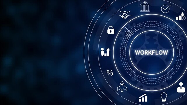Futuristic business workflow interface with circular hud icons on dark blue tech background, showing workflow text and symbols for security, analytics, finance, teamwork and innovation.