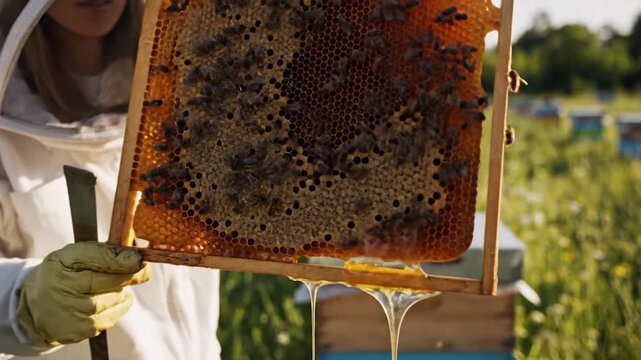 Beekeeper in a protective suit inspecting a honeycomb frame.