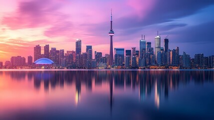 Obraz premium Spectacular view of the illuminated Toronto city skyline featuring the iconic CN Tower reflected perfectly in the calm water during a vibrant twilight