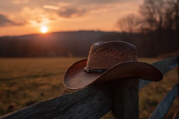 Cowboy Hat on Wooden Fence at Golden Hour in Rural Field During Sunset with Warm Tones and Blurry Trees Against a Orange Sky