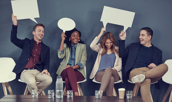 Speech bubble, recruitment and laugh with business people in office for social media, interview faq and vote. Human resources review, funny feedback and mockup space with employees in agency
