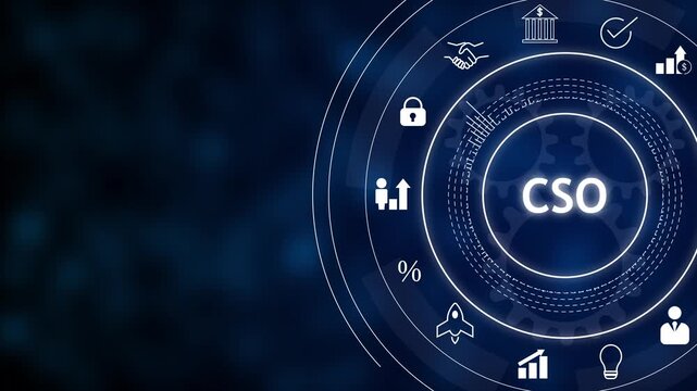 Futuristic cybersecurity interface with glowing circular HUD and &ldquo;cso&rdquo; text, surrounded by business and security icons on dark blue tech background.
