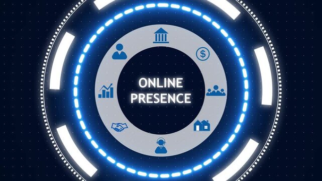 Circular futuristic infographic: glowing blue rings around a central gray ring labeled "online presence", user, finance, analytics, home, support icons on dark dotted background