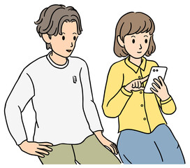 一緒にスマホを見る若い男女　イラスト