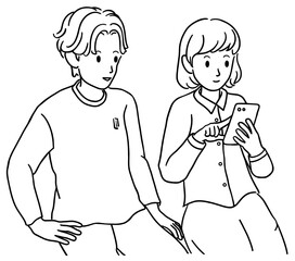 一緒にスマホを見る若い男女　線画