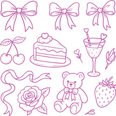 Hand drawn coquette pink set for Valentines day, wedding invitation, birthday card transparent