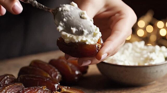 Close-up of hand filling a date with creamy filling, other dates nearby