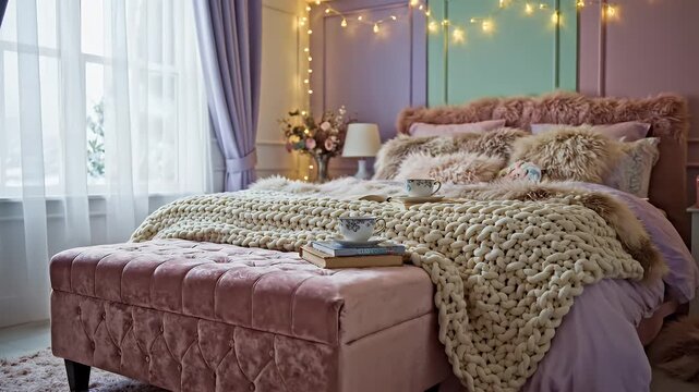 Luxuriously Cozy Pink Tufted Upholstered Bed Framed by Lavender Bedroom with Fairy Lights