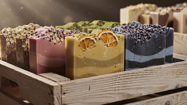 Artisan Handcrafted Soaps Displayed in Wooden Crate with Natural Ingredients and Soft Lighting