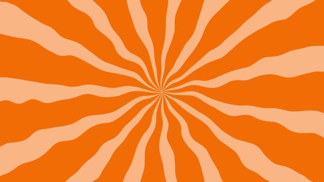 Abstract orange and peach radial sunburst with wavy rays converging at center, retro psychedelic background pattern.