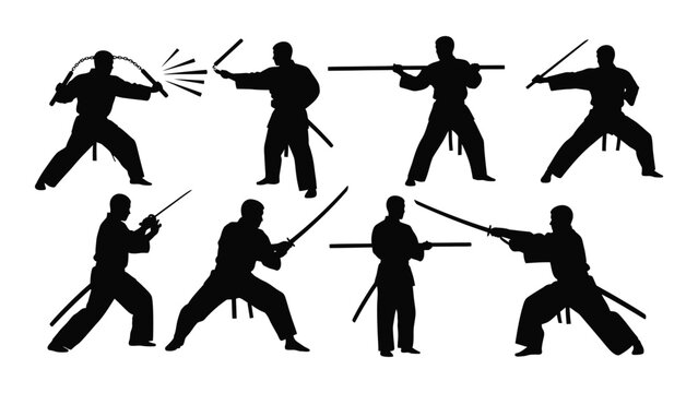 Silhouettes of martial artists demonstrating various sword techniques Vector