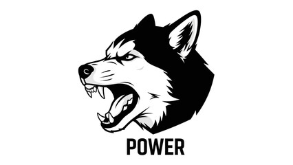 Aggressive Husky Dog Head with Open Mouth and Sharp Teeth, Word "POWER"