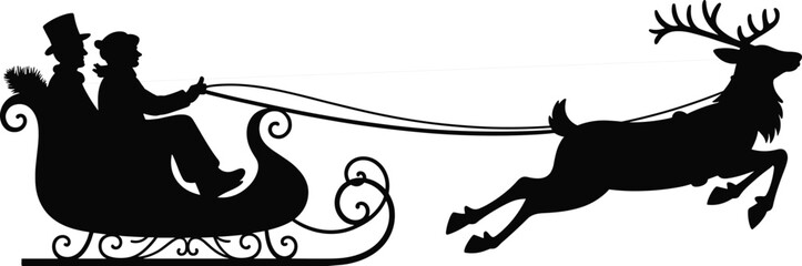 Black silhouette illustration of ornate sleigh pulled by reindeer with two figures in winter attire, traditional holiday artwork design symbolizing Christmas, festive season, and celebration © MdRaziur