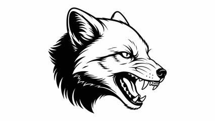 Aggressive Fox Head Illustration, Wild Animal, Fierce Expression, Black and White