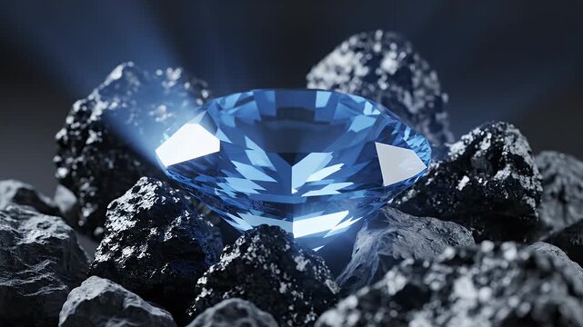 Brilliant Blue Diamond Gleaming Amidst Rough Dark Rocks with Dramatic Spotlight and Dark Background