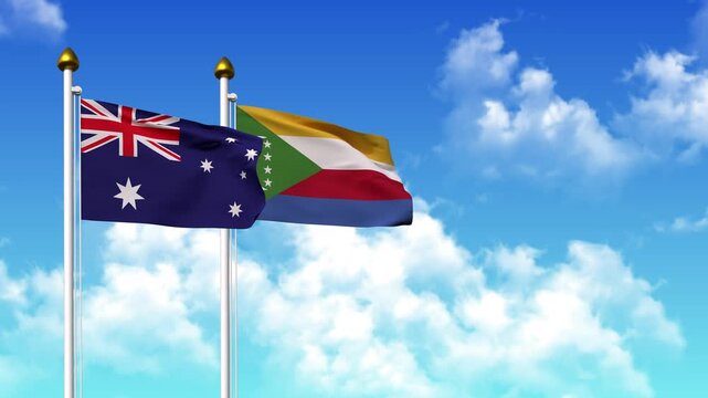 Waving flags of AUSTRALIA and COMOROS on pole included with alpha