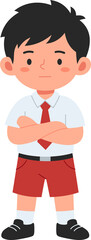 A friendly cartoon boy with crossed arms, suitable for educational and children's content in digital media.