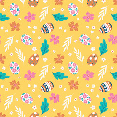 Easter Egg Pattern with Flowers and Leaves. Design for fabric, textiles, wallpaper, packaging	
