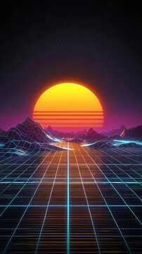 Retro Futuristic Landscape with Neon Grid Sunset.