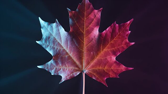 Close Up Macro Shot Of A Vibrant Red Maple Leaf With Golden Sparkles And Blue Neon Light Accents On A Dark Background